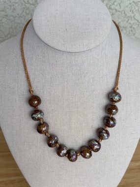 Hand-Painted Brown & Iridescent Beaded Necklace